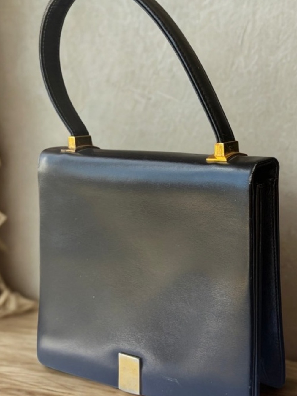 Koret Black Leather Mini Top-Handle Bag with Gold Accents - Mid-Century Vintage
